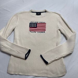 Vtg Ralph Lauren Sweater Womens L Cream US Flag Embroidered Crew Neck Cotton